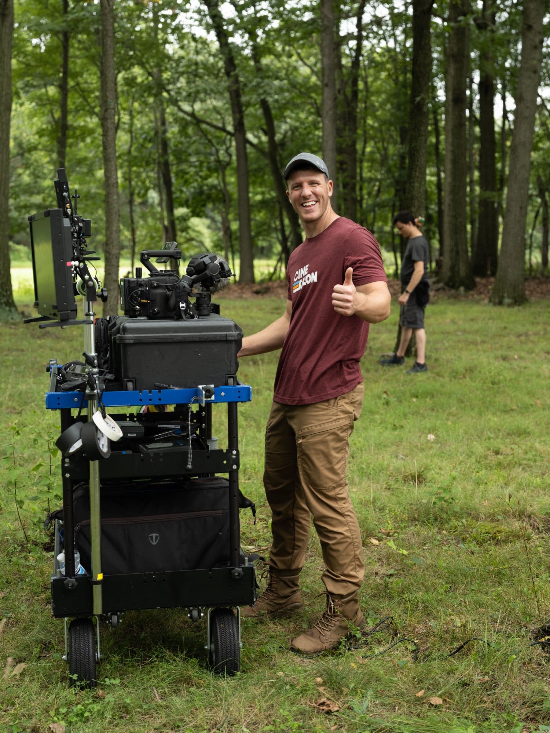 Shane Yeager with a camera cart between setups
